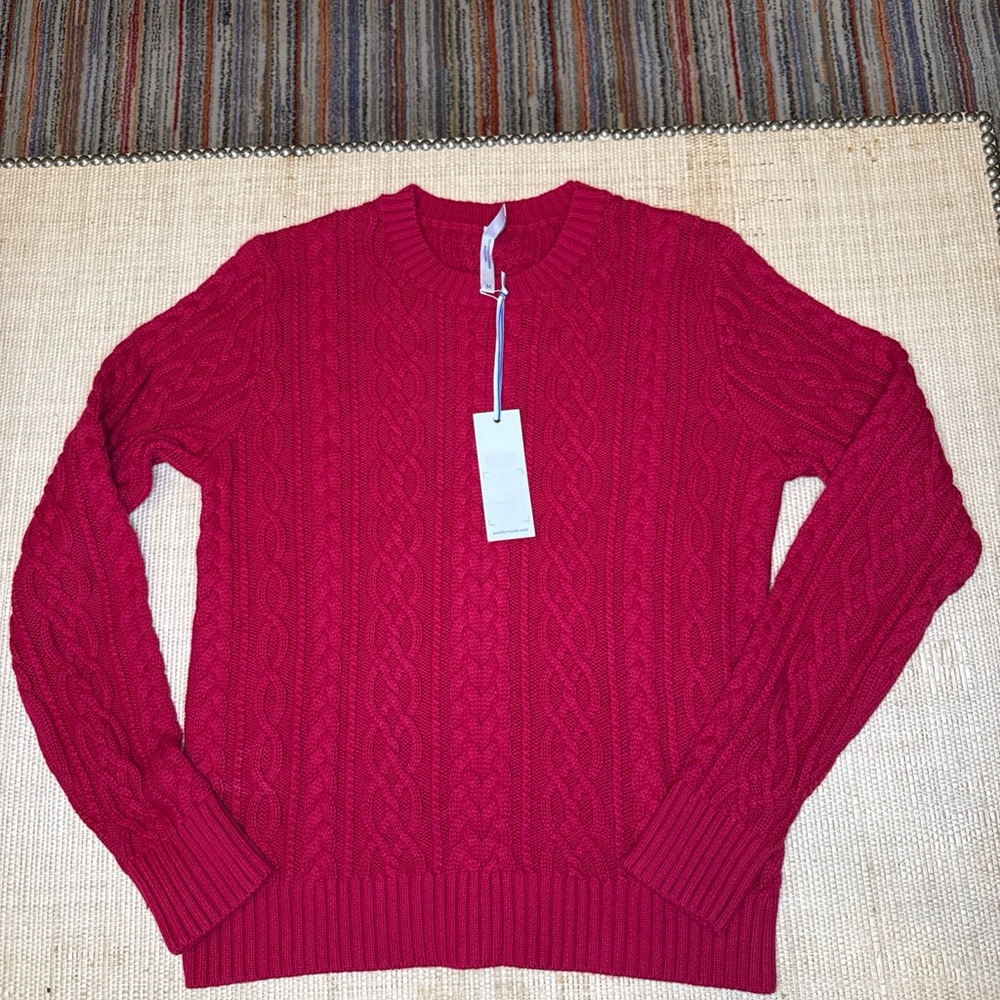 NWT Southern Tide Chunky Cranberry Pink Cable-Knit Fisherman Crew Sweater